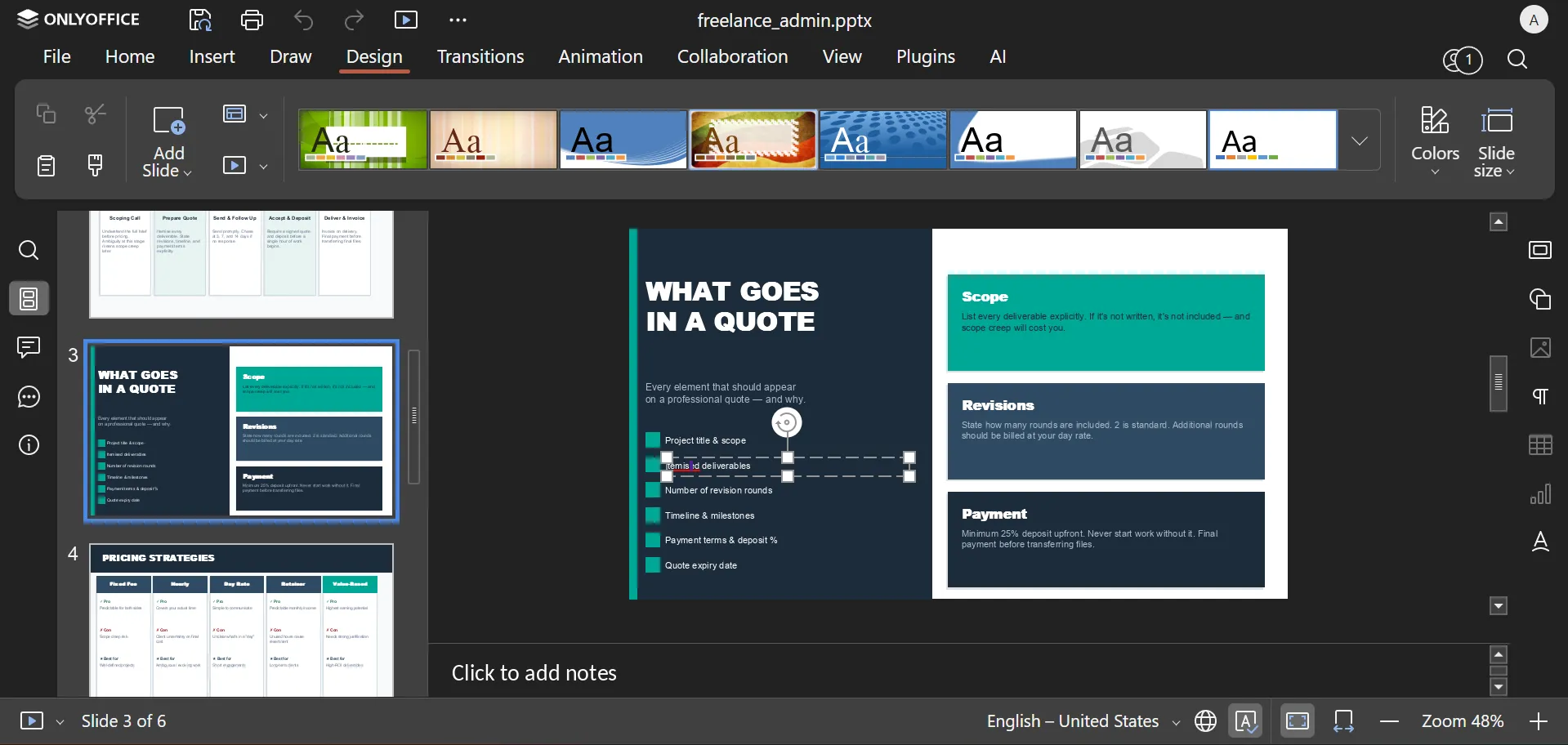 ONLYOFFICE presentation editor with design templates visible in a self-hosted slide deck workflow.