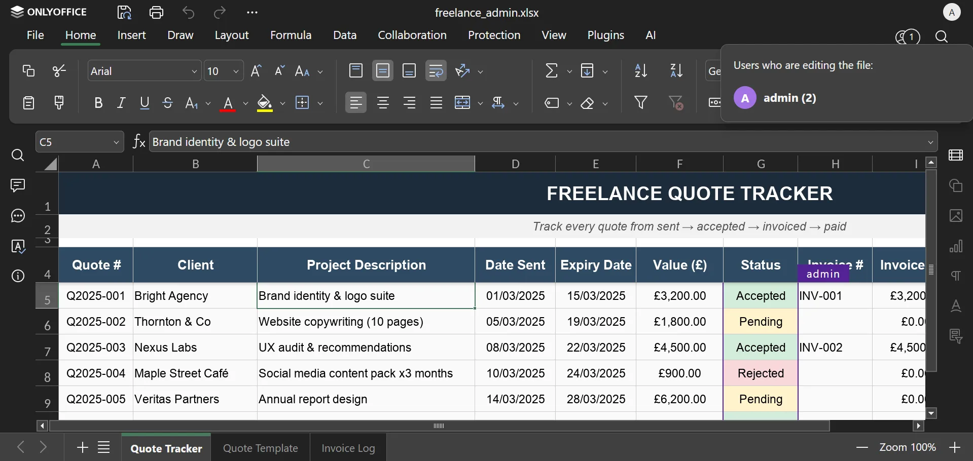 ONLYOFFICE spreadsheet editor showing a shared workbook with real-time multi-user collaboration.