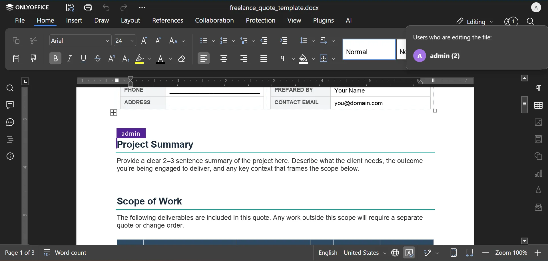 ONLYOFFICE document editor showing a browser-based Word-style file with real-time collaborators in a self-hosted office suite.